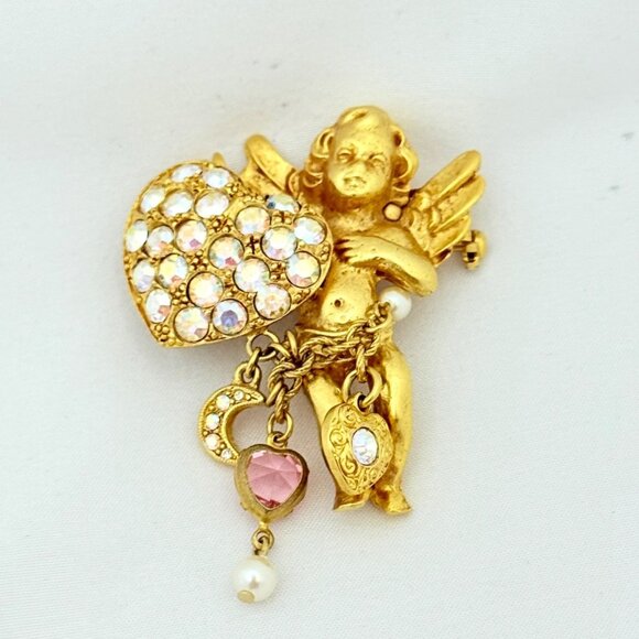 Rare Kirk's Folly Cherub Angel w/Rhinestone Heart Gold-Tone Angel Brooch - Picture 3 of 8